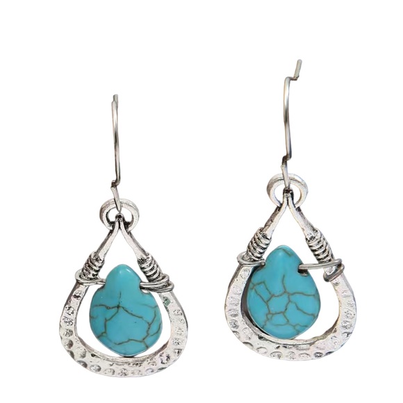 Silver and Turquoise Waterdrop Style Hammered Earrings - Picture 5 of 7